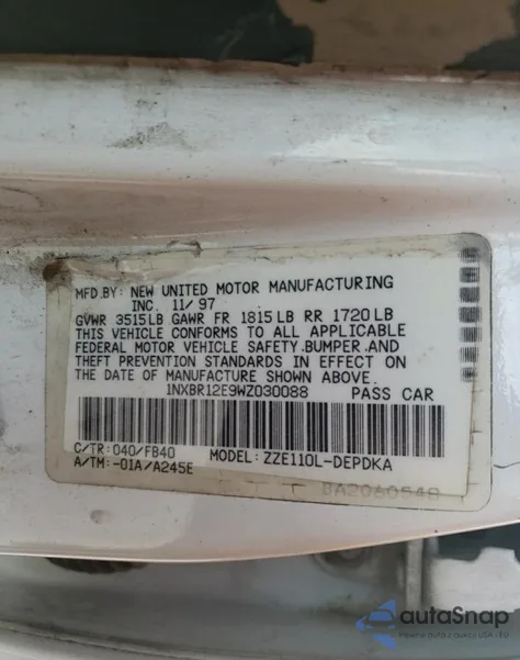 1998 Toyota Corolla Ve z USA, uszkodzony, nr VIN 1NXBR12E9WZ030088